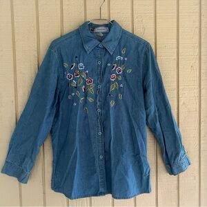 Denim Floral Embroidered Button Down Long Sleeve